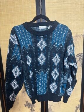 Teal and Black Patterned Knit Sweater for Women